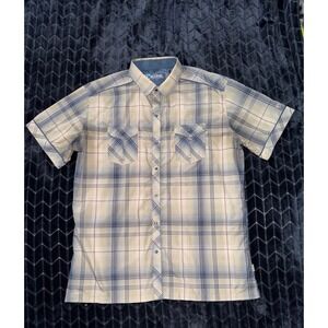 Kuhl Shirt Mens Blue Plaid Eluxur Short Sleeve Pearl Snap Outdoors Logo Sz L